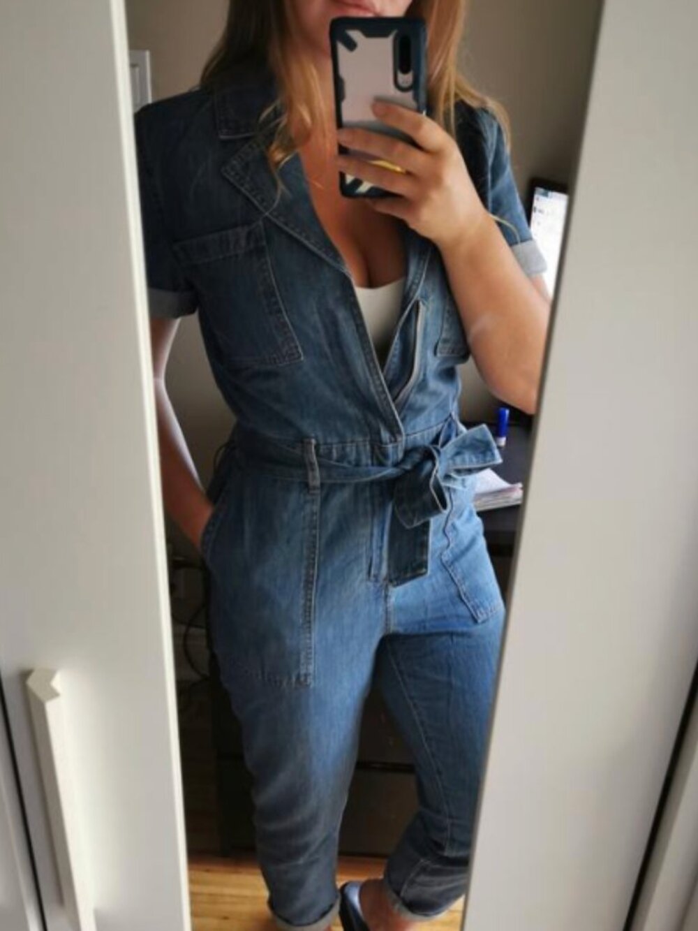 Dynamite Short Sleeve Denim Jumpsuit